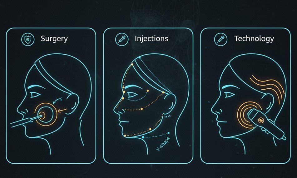 Rostro de mujer dividido para comparar el afinamiento de rostro con cirugía (Bichectomía) y sin cirugía.